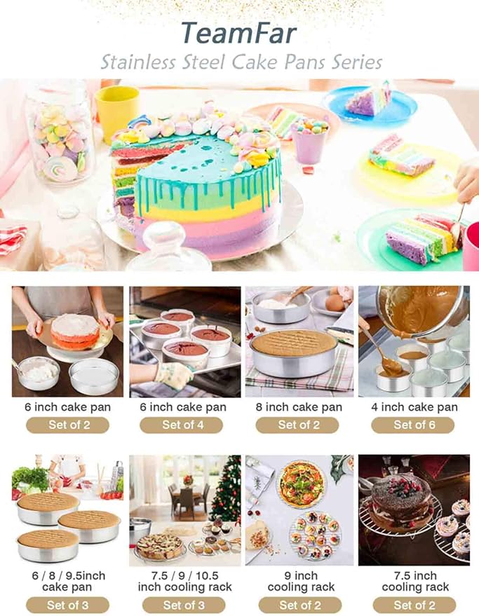 TeamFar Cake Pan, Stainless Steel Round Baking Tier Cake Pans Tins Set of 5 | 4''/6''/8''/9½''/11'' Layer Baking Tin, for Birthday Wedding Healthy & Heavy Duty, Mirror Finish & Dishwasher Safe - Set of 5