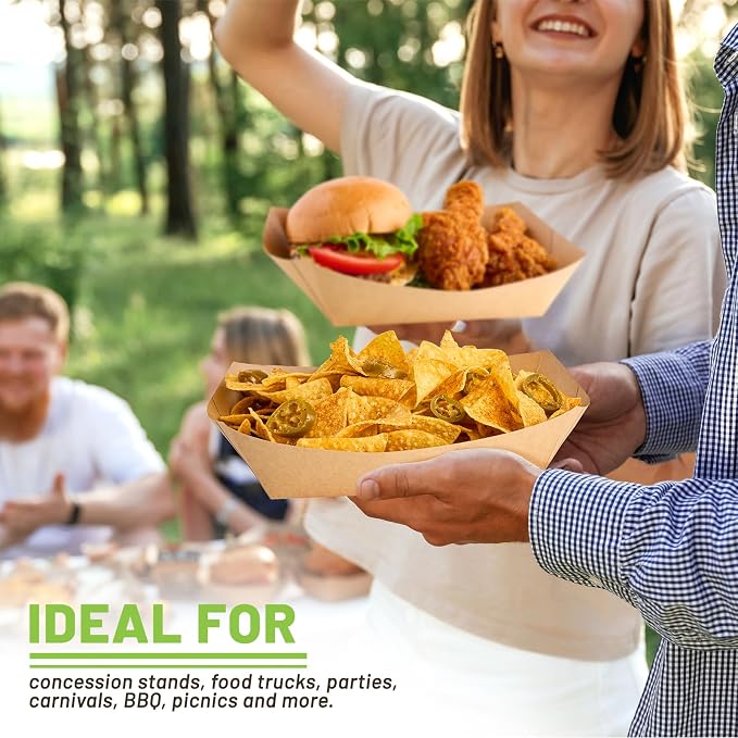 ZORRITA Extra Large Paper Food Trays, 5 LB, 50 Pack | Disposable, Kraft Paper, Nacho Trays, Food Boats, Party Serving Baskets, For Sandwiches Burgers Popcorns Snacks