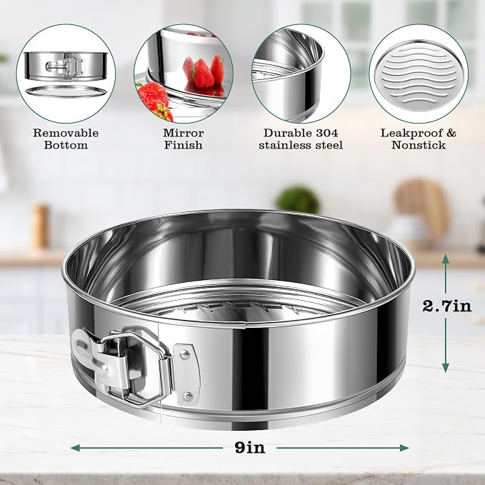 9 Inch Springform Cake Pan, 304 Stainless Steel Springform Pans, Leakproof & Nonstick Cheesecake Pan with Removable Bottom, Round Spring Form Cake Pan For Baking