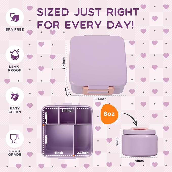 Bento Lunch Box for Kids with 8oz Thermo Containers for School,Camping | Vacuum Insulated Food Jar,Leakproof Silicone-Seal,5 Compartments with Dividers,Dishwasher & Refrigerator Safe,BPA-Free