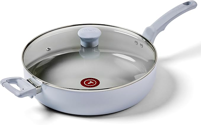 T-fal Refresh Ceramic Nonstick Sauté Pan with Lid, 5 Qt Skillet, Blue | Recycled aluminum body, Thermo-Spot heat indicator, Oven safe to 350°F, All stovetops except induction, Vented glass lid
