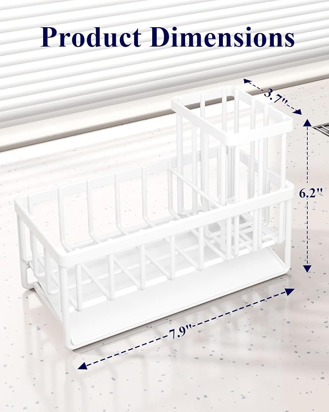 Kitsure Sponge Holder for Kitchen Sink, 7.9"x3.7"x6.2", White | Kitchen Sink Caddy, Home Decor Accessories, Stainless Steel, High Brush Holder
