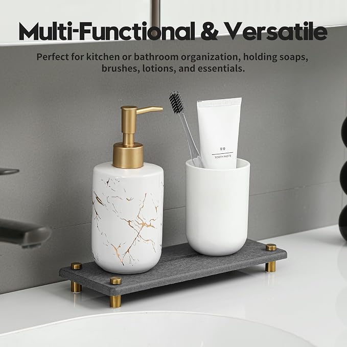 Kitchen Sink Caddy Water Absorbing Stone Drying Tray, Diatomite Bathroom Sink Organizer, Faucet Counter Mat Coaster, Soap Dish Rack Riser Dispenser Sponge Holder, Dark Gray Gold 10" x 4"