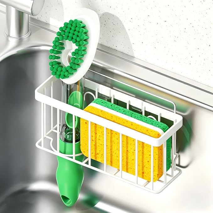 Vanwood Sponge Holder for Kitchen Sink with Strong Suction Cups/Adhesive Strips, Rustproof Compact Size Sink Caddy Organizer for Dish, Sponges, Scrapers, Stoppers (White)