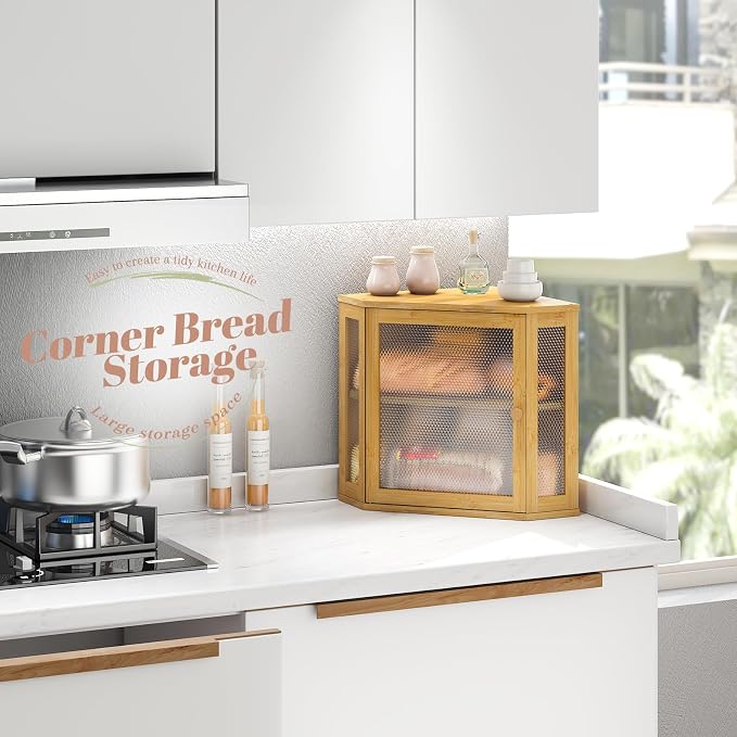 STDDRE Corner Bread Box Kitchen Countertop Extra Large Capacity Farmhouse Bread Box, Corner Countertop Storage, Double Layer Bread Holder (Natural, Large)