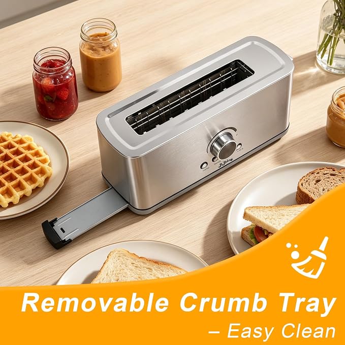 2 Slice Toaster, Long Slot Stainless Steel, 7 Browning Settings | Reheat, Defrost, Cancel, Removable crumb tray, compact design, bagel & thick bread compatible, overheat protection