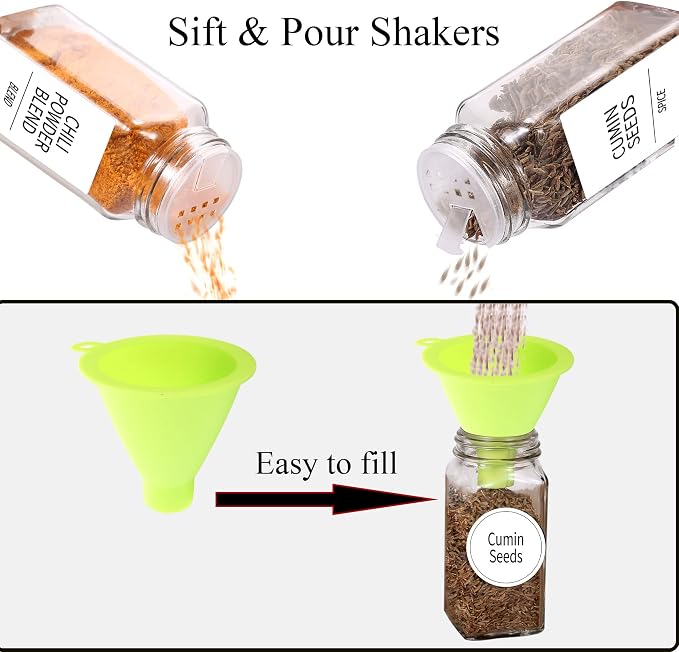 SWOMMOLY 24 Pcs Spice Jars with Labels, 4 oz Glass Jars with Bamboo Lids | Square Spice Bottles with Shaker Lids, 366 White Labels, Chalk Marker, Funnel- Spice Containers for Racks, Cabinets, Drawers