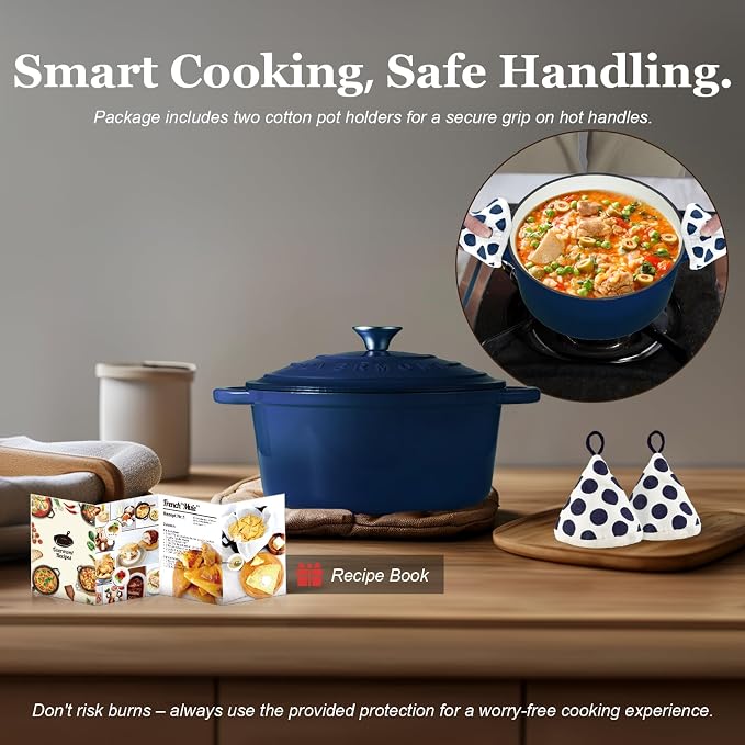 Overmont Enameled Cast Iron Dutch Oven - 4.5QT Pot with Lid Cookbook & Cotton Potholders - Heavy-Duty Cookware for Braising, Stews, Roasting, Bread Baking IndigoBlue