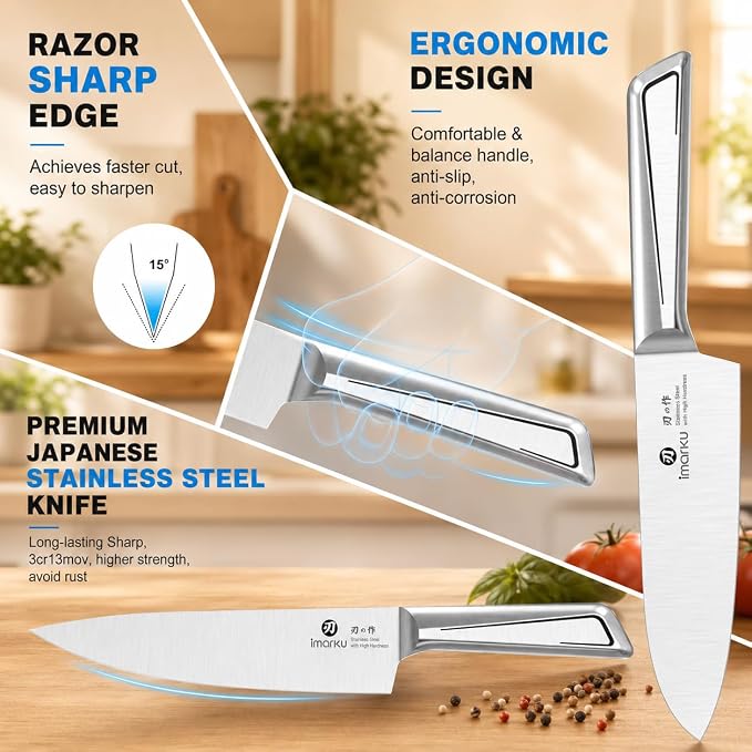 imarku 14-Piece Knife Set with Block, Pro power, home ease | Pro sharp high carbon steel. Self-sharpens easy. Ergo grip no fatigue. Safe non-slip home prep. Gift for homewarming