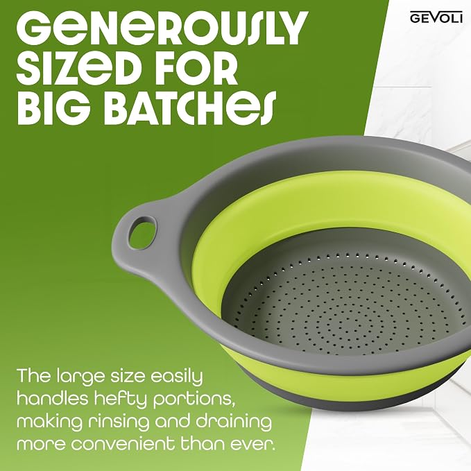 Large Collapsible Colander with Self Draining Base - 5Qt Side Drain Food Strainer for Edge of Kitchen Sink (Patent Pending) Green (2 Piece Set)