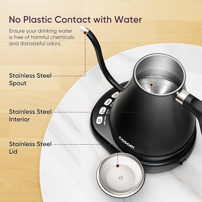 Cosori Gooseneck Electric Kettle with Temperature Control, 0.8L, Black | No Plastic Contact with Water, 5 Presets, 60-Min Keep Warm, Pour Over Coffee & Tea, Stainless Steel Interior, 1200W