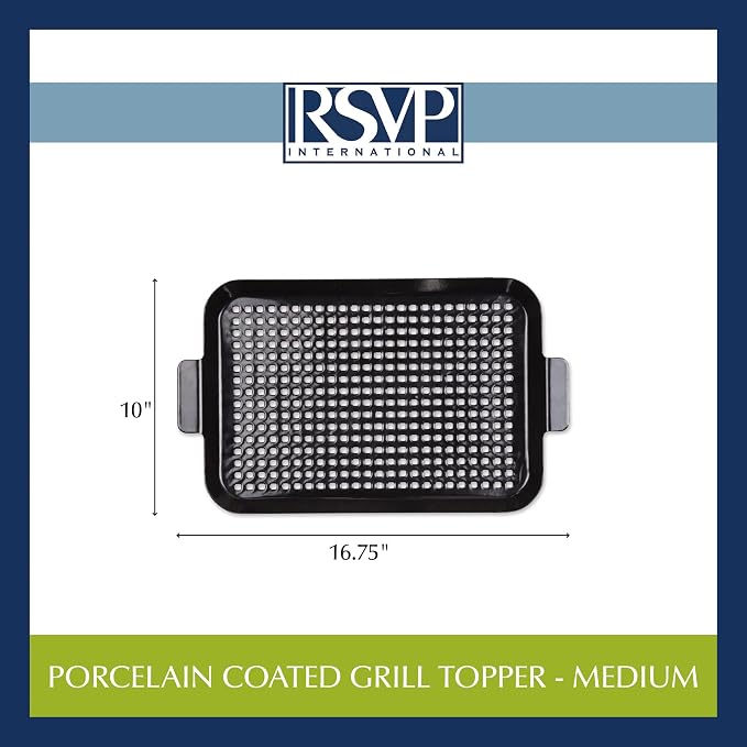 RSVP International Porcelain Coated Steel BBQ Grill Tray/Pan, Outdoor Barbeque Grilling Accessories for Cooking Fish & Vegetables, Dishwasher Safe, Medium, 16.75x10"
