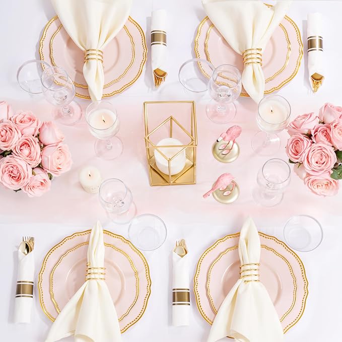 175 Pcs Pink and Gold Plastic Plates Wedding & Party | Pink Plastic Dinnerware Set Includes 25 Dinner Plates, 25 Dessert Dinnerware, 25 Cups, 25 Napkins