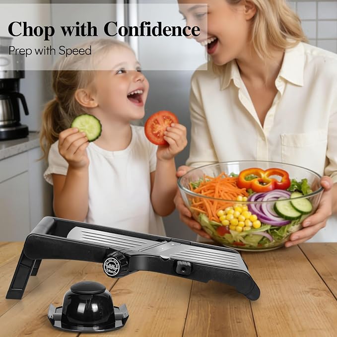 Mandoline Slicer for Kitchen, Adjustable Stainless Steel Food Slicer | Vegetable Chopper Onion Waffle French Fry Cutter Potato Chip Julienne Slicer with Safety Gloves & Cleanning Brush
