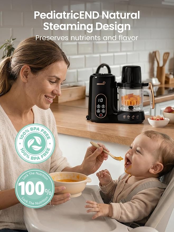 Grownsy Baby Food Maker & Processor with Dual-Layer Steam Basket,Black&Gold | Steamer & Blender, Healthy Homemade Baby Food Purees, Starting Solids & BLW, Baby Feeding Essentials, 6+ Months