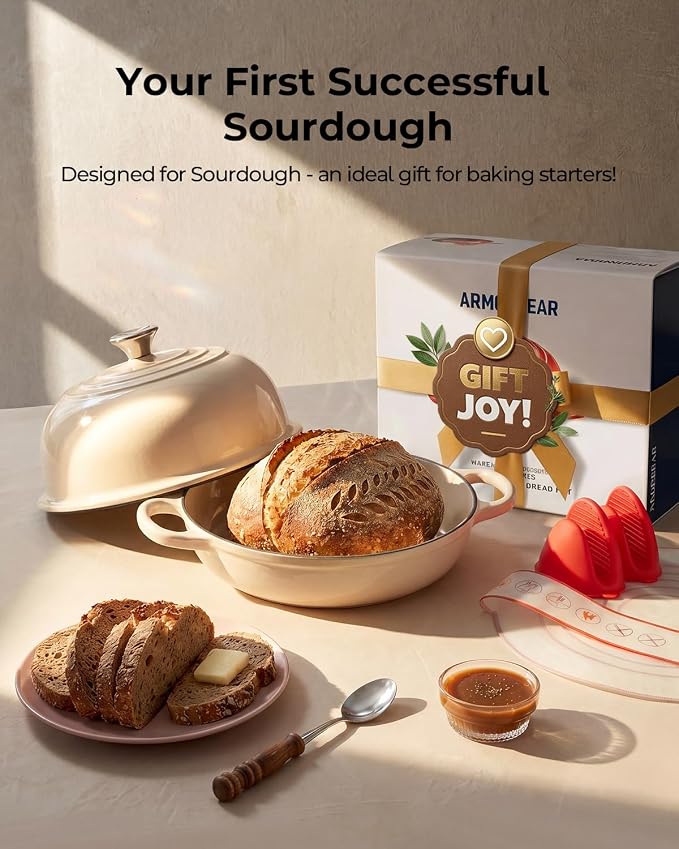 5QT Enameled Cast Iron Sourdough Bread Oven for Homemade, White | Tight-fitting Dome Lid, Shallow Base Supports Easier Loading & Crisp Sourdough Crusts, Gifts for Sourdough Bakers