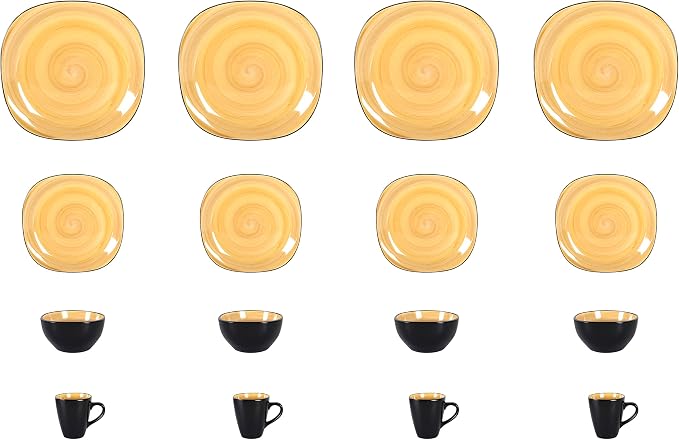 HomeVss, Stoneware Square 16pc Dinnerware Set, Inside Spinwash Swirl Yellow + Outside Black