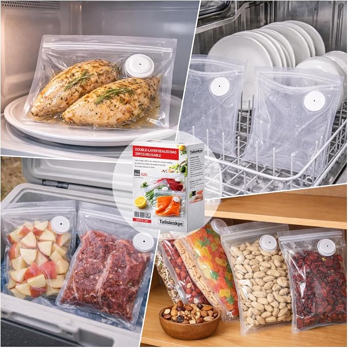 Vacuum Sealer Bags,reusable double zipper vacuum bag with air valve | suitable for sous vide cooking and microwave heating (8.3 * 8.7inch)