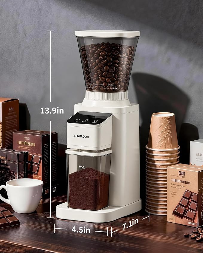 SHARDOR Conical Burr Coffee Bean Grinder, Anti-Static, 48 Settings, White | Electric Grinding for Home Use, LCD Touchscreen, Precision Timer, Detachable Parts, Low Speed, 150W Motor, 9.7 oz Hopper
