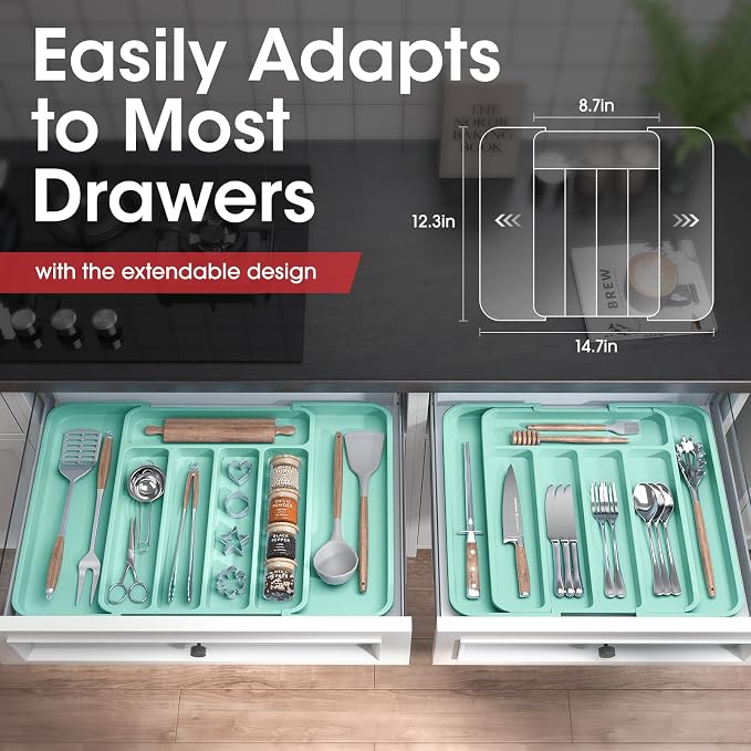 Aujen Silverware Drawer Organizer, Adjustable Utensil Cutlery Tray | Expandable Kitchen Organizer for Forks Knives, Multipurpose Kitchen Storage, Apartment Essentials, Green, Medium