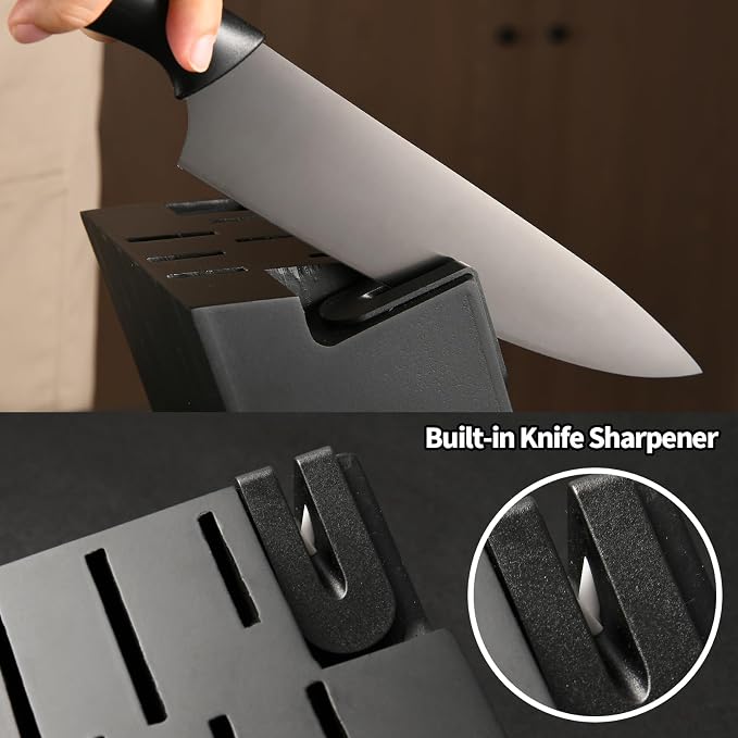 15-Piece Black Titanium German Steel Kitchen Knife Block Set | Beveled Mercerized Blades With Built-In Sharpener. Features Non-Slip Ergonomic Handles & Complete Cutlery Storage