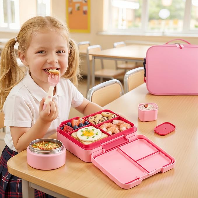 WyfKyd Bento Lunch Box Set with Soup Thermo Food Container for Kids Adults | Bento Box Set with 9.5oz Soup Thermo Kids Leak-proof Lunch Box Container with Insulated Hot Food Jar and Bag for School Pink