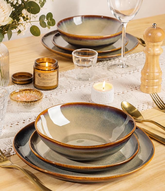 Ceramic Dinnerware Set for 4, 12-Piece Plates and Bowls Set | Handmade Reactive Glaze Dish Set, Scratch Resistant, Oven & Microwave & Dishwasher Safe, Mocha Brown