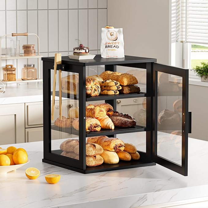 WOWLIVE Bread Box for Kitchen Countertop, 3 Layers Bread Storage Container | Large Bamboo Bread Bin for Homemade Bread with Window, Farmhouse Breadbox Organizer for Kitchen, Cabinet, Black, Extra Large