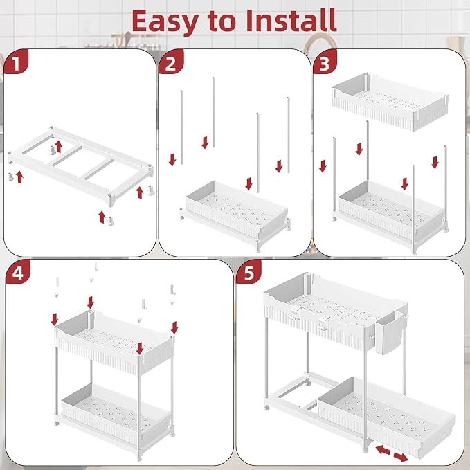 4-Pack 2-Tier Under Sink Organizer with Pull Out Drawers | Multi-use kitchen & bathroom storage. Includes hanging hooks and cups. White, space-saving cabinet design. 12.8 Inch