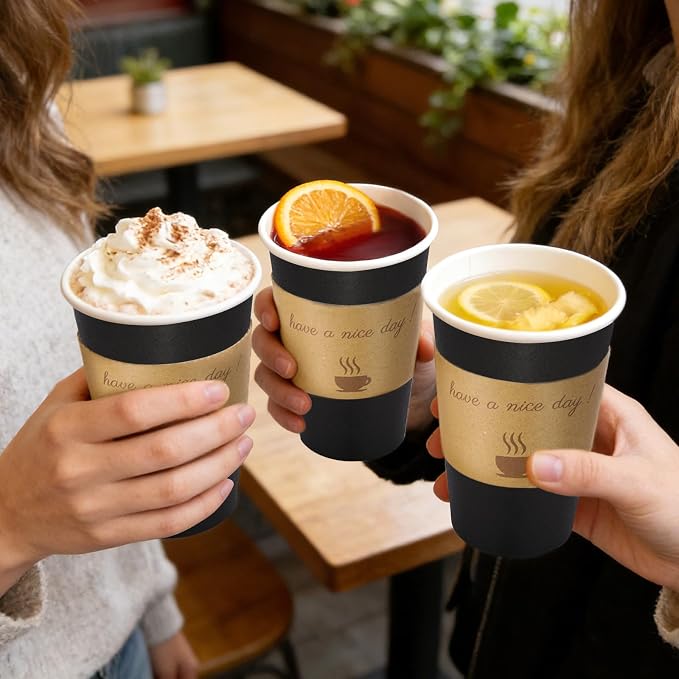 BYSNOW 16 oz 50 pack Disposable Coffee Cups with Lids, Sleeves & Stirrers | Paper Hot Coffee Cups with Lids, Sleeves and Stirring Sticks, To Go Cups for Home, Office, and Cafe (Black 16oz)