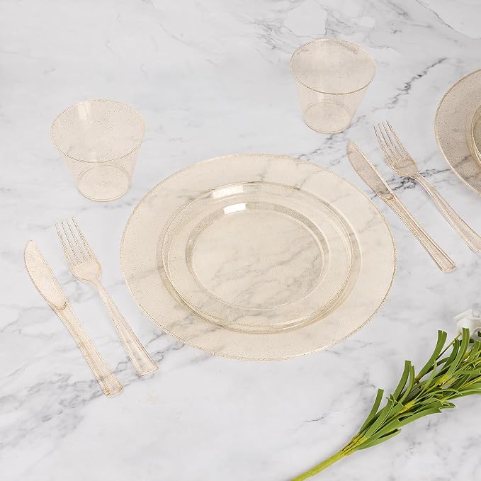 350 Piece Gold Glitter Plastic Dinnerware Set for 50 Guests | Disposable Dinnerware Includes: 50 Dinner Plates, 50 Dessert Plates, 50 Rolled Napkins with Silverware, 50 Cups