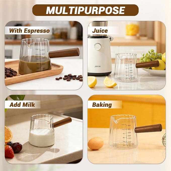 Espresso Measuring Cup 12 Oz, Espresso Glass Cups with Wood Handle, Milk Frothing Cup, Espresso Cup for Coffee, Milk, Tea or Maple Syrup Serving (Transparent, 12 oz)