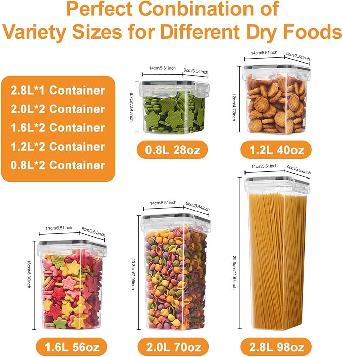9 PCS Airtight Food Storage Containers with Lids, Plastic Kitchen and Organization Canisters for Cereal, Dry Food, Flour and Sugar, BPA-Free, PVC-Free, Includes Labels & Marker