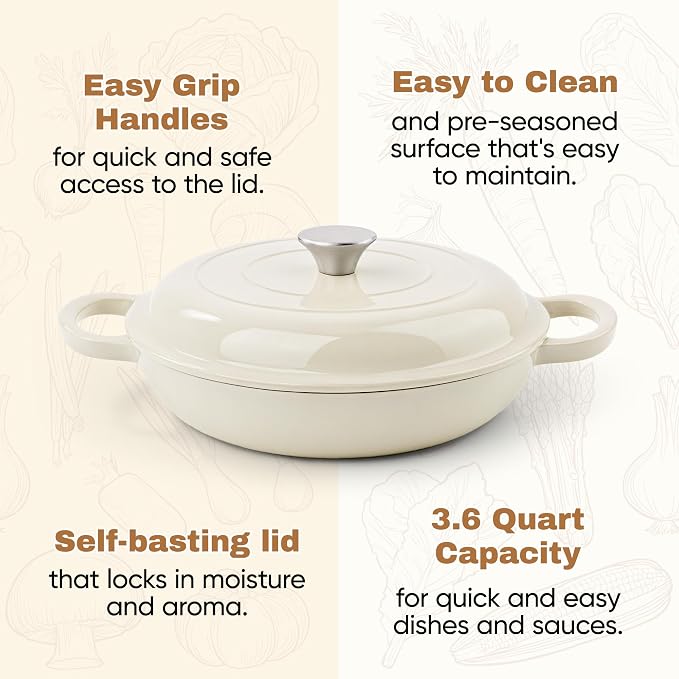 3 Quart Enameled Cast Iron Braiser, Non Stick Enameled Cast Iron Skillet with Lid, Dutch Oven Skillet with lid up to 500°F for Oven, Stove, Grill, Shallow Dutch Oven for Cook, Bake (Beige)