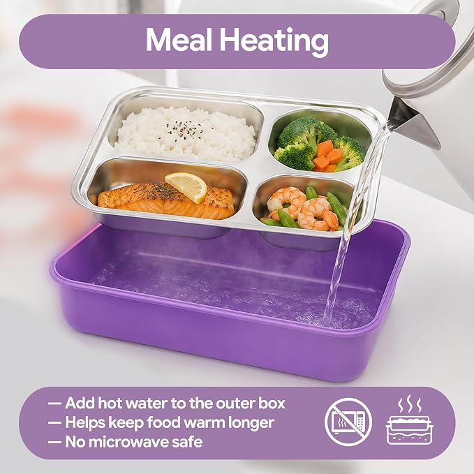 Large 11" x 8" Stainless Steel Bento Lunch Box for Adults with 4 Compartments Leakproof Lid BPA-Free 304 Stainless Steel Food Container That Keeps Food Separate, Ideal for Office and Travel use, Pink