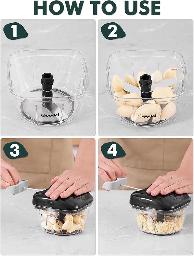 Geedel Vegetable Chopper, Manual Food Chopper with Hand Pull String, 500ml | Manual Food Processor, Sharp Stainless Steel Blade, Non-slip Base, Dishwasher Safe, No BPA, Portable, for Veggie, Fruit, Nut