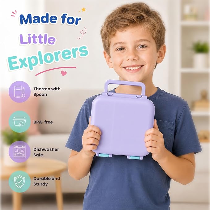 Bento Box for Kids, Lunch Box with Thermo(9oz Food Jar), Silicone Sauce Cup, Stainless Steel Spoon & Removable Divider, Kids Lunch Box Set for Girls Boys Back to School, Purple/Blue