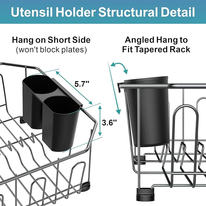Small in Sink Dish Drying Rack - Stainless Steel for RV Kitchen | Compact Design, Rust-Resistant, Angled Corners Fit Square & Round Sinks, Removable Utensil Holder, Cup Hooks, 13.1"W x 14.4"L