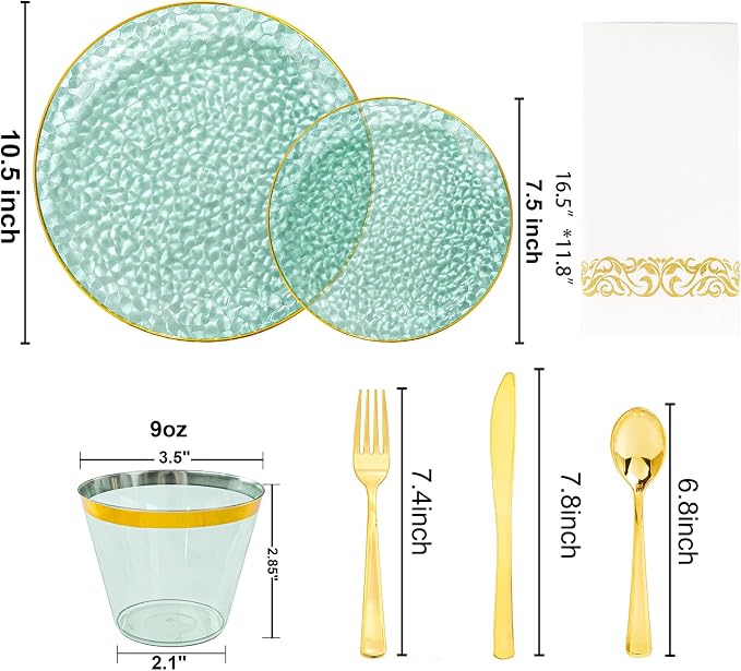 DaYammi 350 Pcs Clear Green Gold Plastic Plates, Hammered Disposable Dinnerware, Clear Green Plates Set Include 100 Plastic Platos, 150 Gold Disposable Silverware, 50 Cups and 50 Napkins for Party