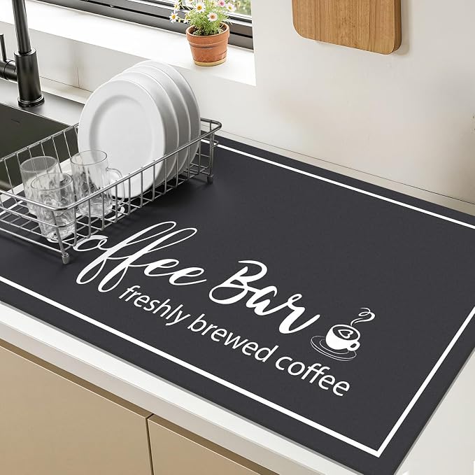 Findosom Dish Drying Mat, 18" x 24" Super Absorbent & Hide Stain Coffee Mat, Cuttable Drying Mat for Kitchen Counter, Coffee Bar Accessories, Under Dish Rack, Coffee Maker, Espresso Machine, Black