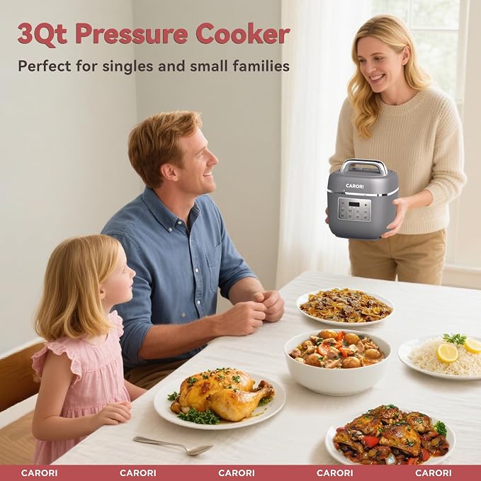 CARORI Electric Pressure Cooker 3QT, 8-Function Compact Multi-Cooker with Ceramic Nonstick Pot for Saute, Pressure Cook, Slow Cook, Meat Stew, Rice, Delay Start, Keep Warm, Safe Venting, Gray
