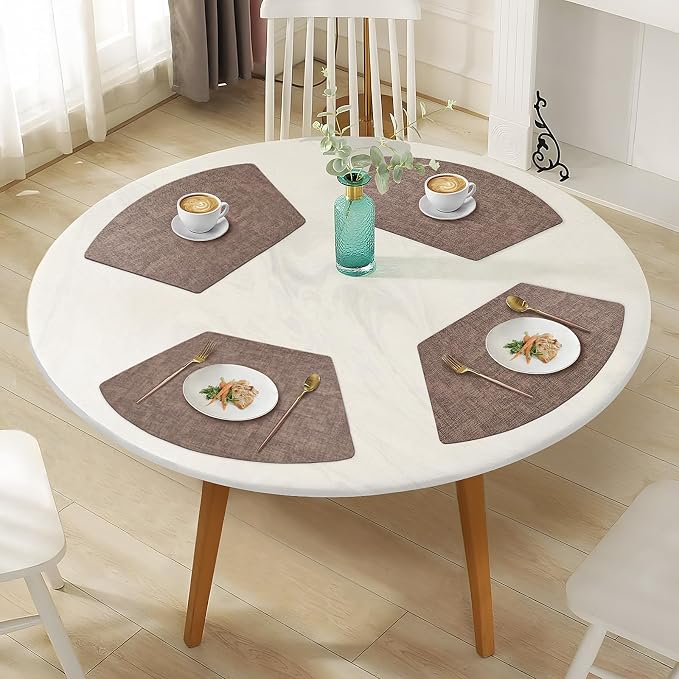 Round Table Placemats Set of 4, Faux Leather Wedge Shape Place Mats Heat Resistant Wipeable Washable Table Mats for Dining Outdoor Indoor, Brown