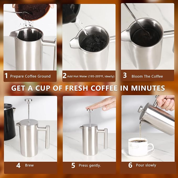 12 OZ French Press Coffee Maker, Sturdy Full Stainless Steel Coffee Press | Mini Small Camping French Presses Coffee Maker, Teapot for Kitchen Travel, 1-2 Cup, 350 ml, Elegant Silver