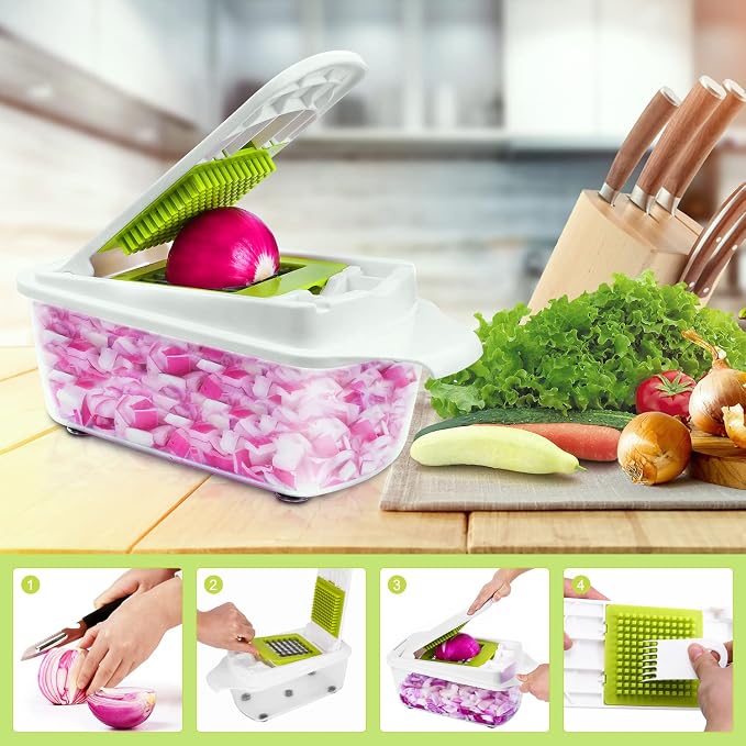 Vegetable Chopper, Food Dicer Chopper, Mandoline Slicer Veggie Cutter | 12 in 1 Food Chopper with Container, Onion Fruit Potato Salad Dicer, Meal Prep for Kitchen, 5 Blades, Light Green