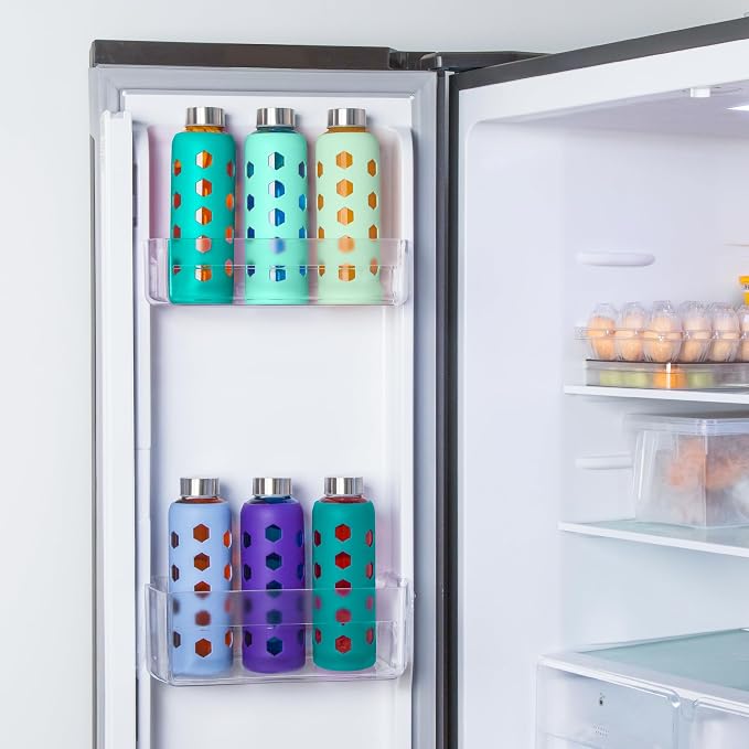 Mrsdry 18 oz Glass Water Bottles with Lids & Silicone Sleeves, 4-Pack | BPA Free, Leak-Proof Reusable Glass Drinking Bottles with Stainless Steel Airtight Cap for Juicing, Dishwasher Safe, Non-Slip