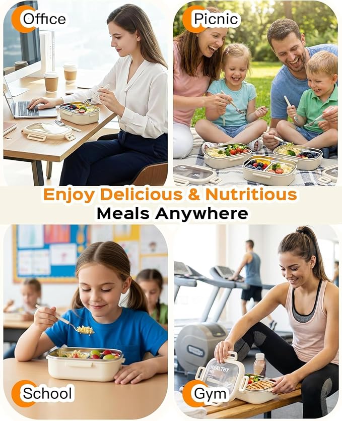 Lille Home 28oz Stainless Steel Leakproof 2-Compartment Bento Lunch Box | Portion Control Metal Lunch Box Food Container with Lunch Bag and Cutlery Set, BPA Free (Beige)
