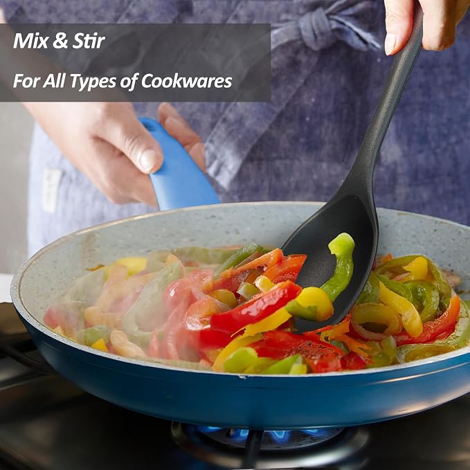 Silicone Spoons for Cooking - Extra Large Kitchen Spoons for Mixing, Serving, & Stirring - 600°F Heat-Resistant Non Stick Utensils Ladle & Skimmer- Dishwasher Safe, Black