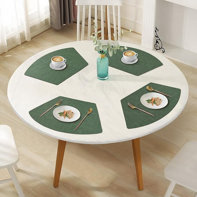 Round Table Placemats Set of 6, Faux Leather Wedge Shape Place Mats Heat Resistant Wipeable Washable Table Mats for Dining Outdoor Indoor, Green