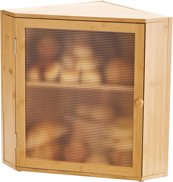 VEVOR Corner Bread Box for Kitchen Counter, Double Layer Large Capacity Bamboo Bread Storage Container, Farmhouse Wooden Breadbox for Homemade Bread, Storage Holder Bin with Acrylic Wavy Door, Natural
