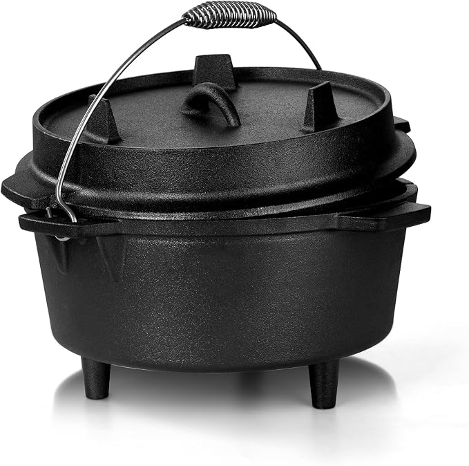 Leonyo 5QT Camping Dutch Oven with Lid Lifter, Pre-Seasoned & Cast Iron | 2-IN-1 Cast Iron Camping Dutch Oven, Heat Conduction & Good Sealing & Heavy Duty